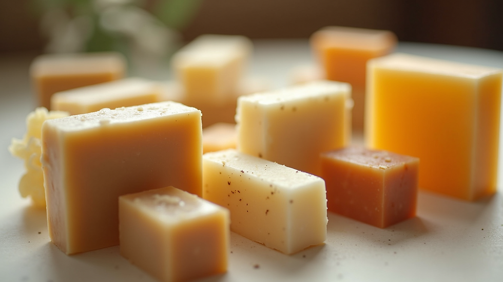 Eye-level view of different varieties of handmade natural soap