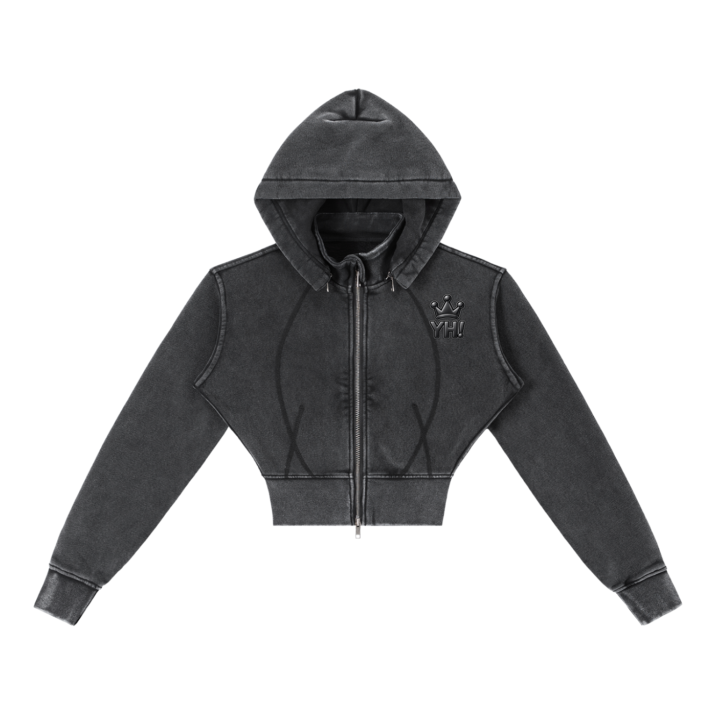 YH! Black Vintage Washed Cropped Fleece Hoodie