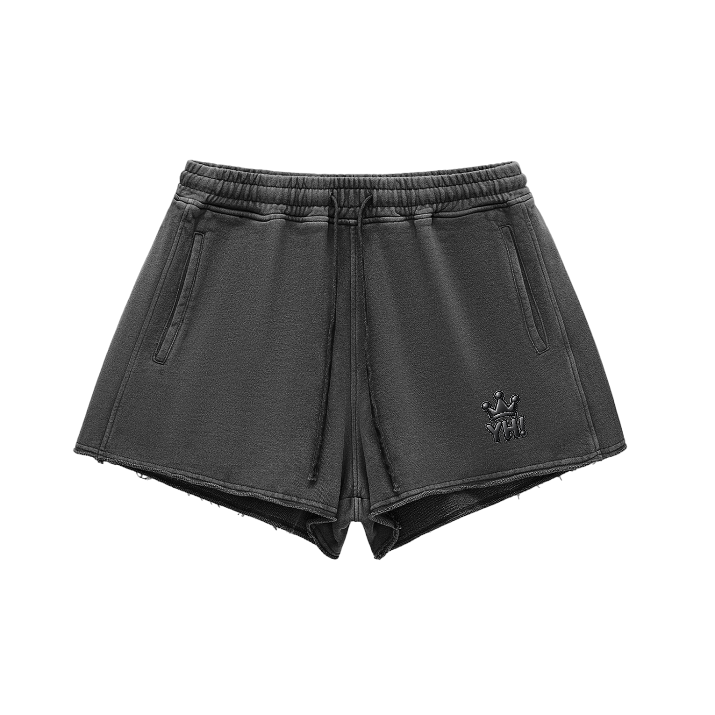 YH! Black Snow Washed Raw Edge Drawstring Shorts