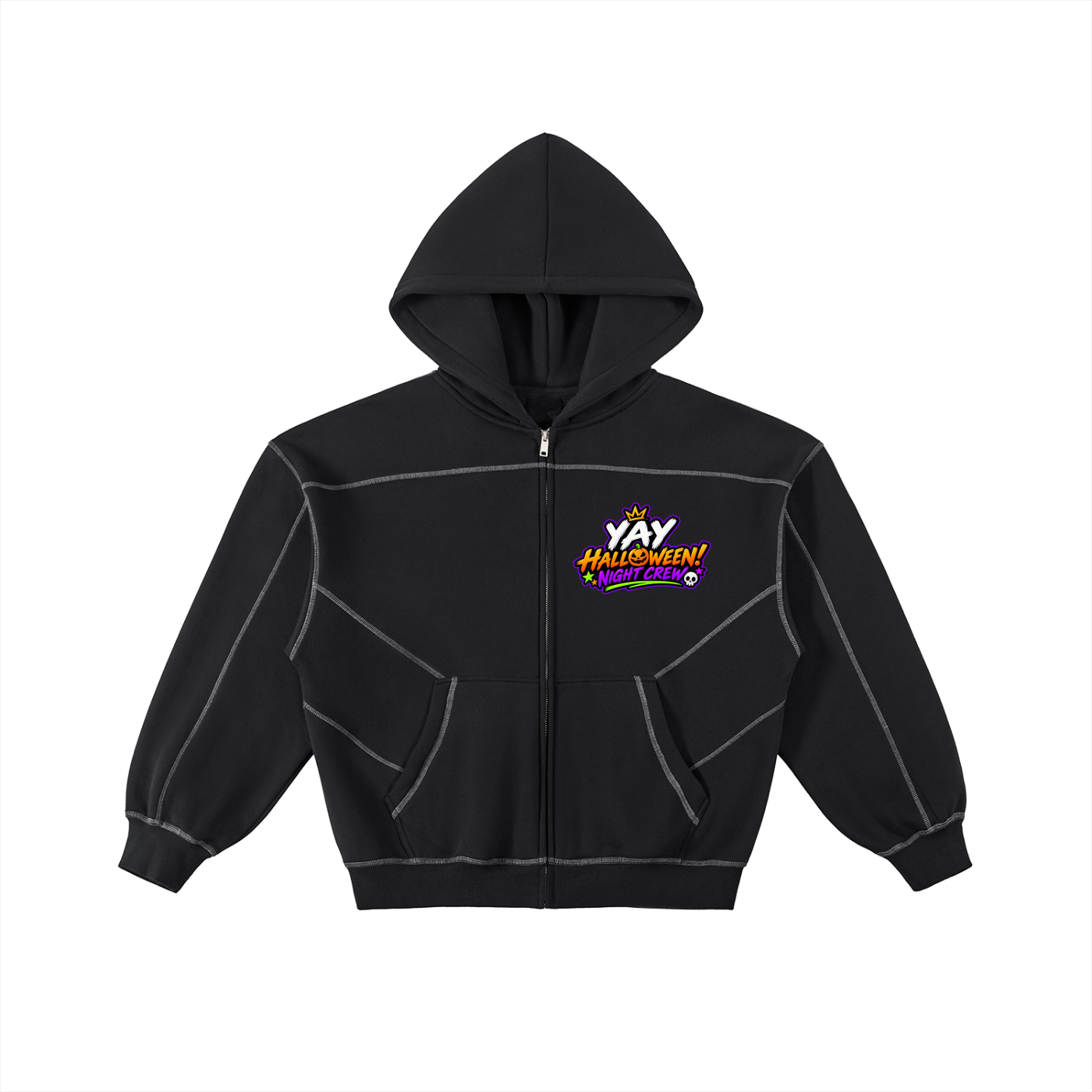 Contrast-Stitched YAY Halloween! Boxy Fleece Zip Hoodie