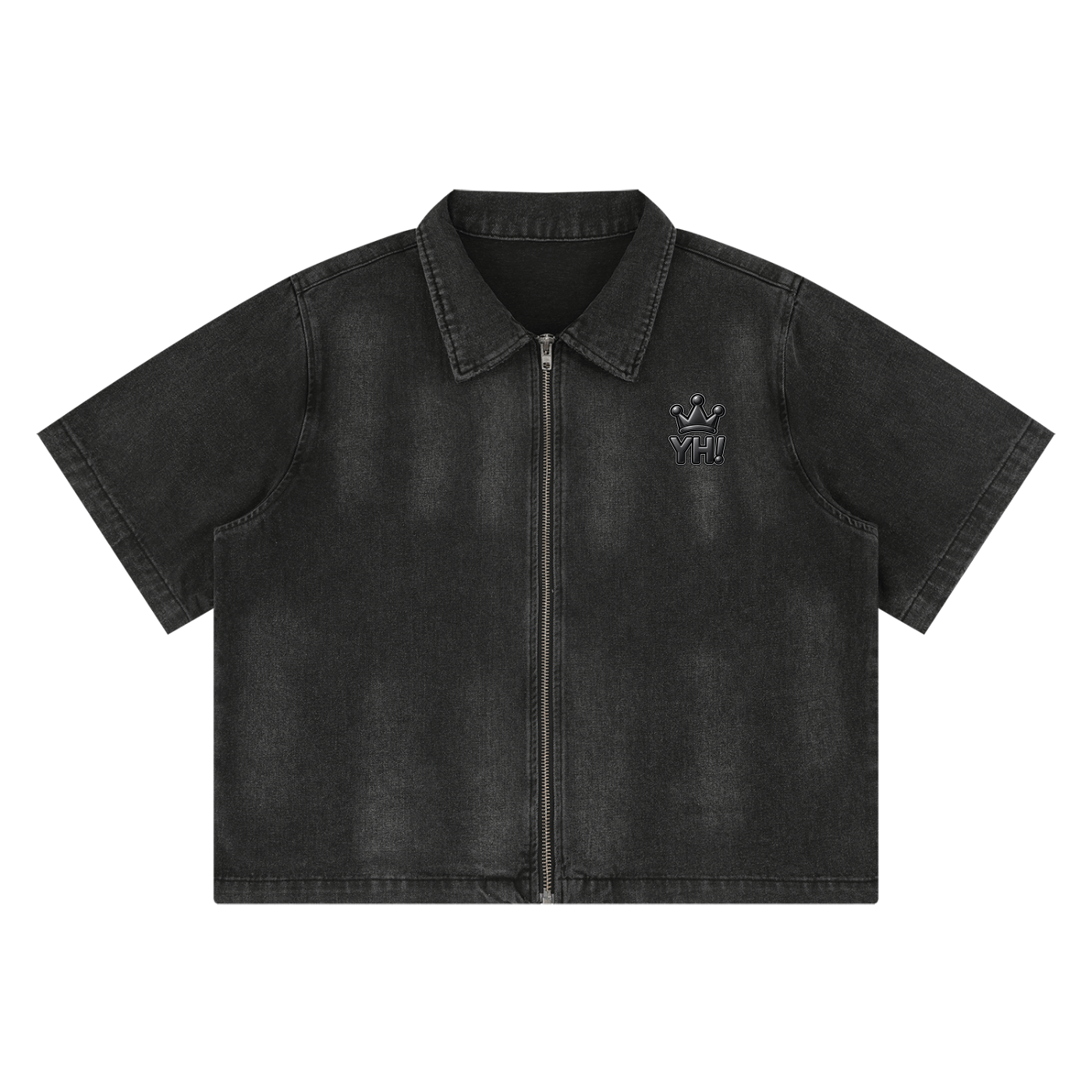 YH! Black Vintage Washed Full-Zip Denim Shirt