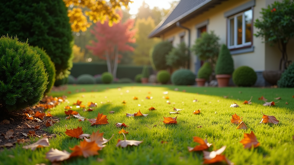 High angle view of a neatly organized yard with fallen leaves