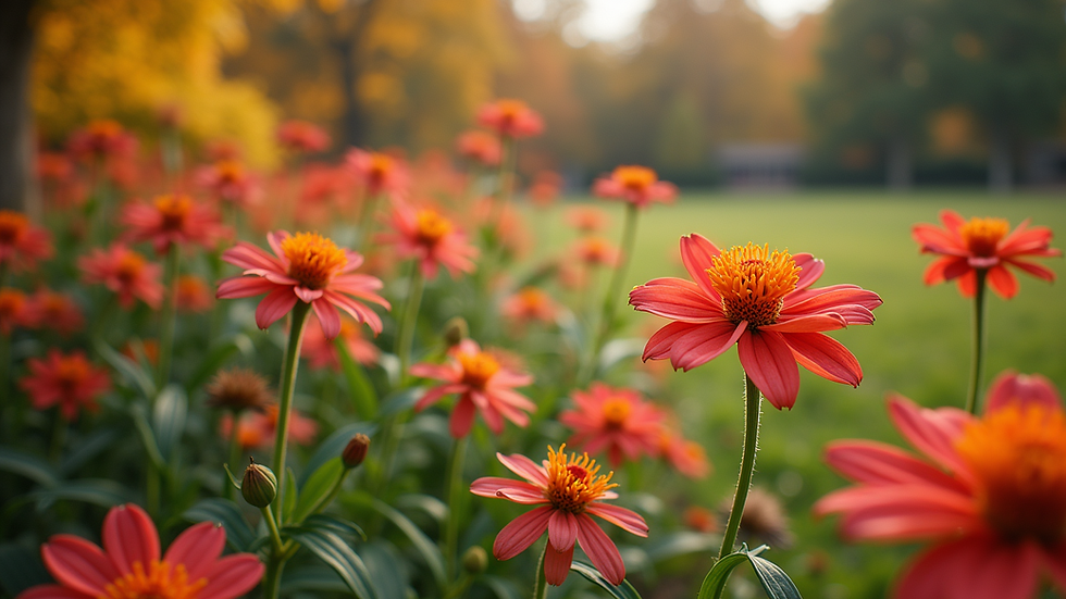 Eye-level view of a well-maintained garden with colorful autumn flowers