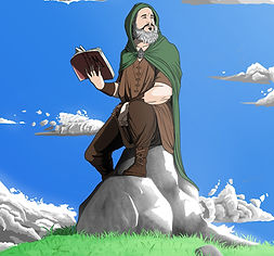 an animated version of Matthew E Morgan counselor and therapist pictured at a fantasy druid, holding a book and looking away