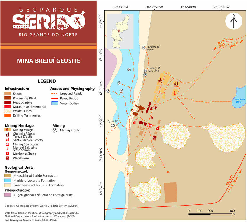 Map of the Mina Brejuí Geosite - Image by CPRM, DNIT, IBGE