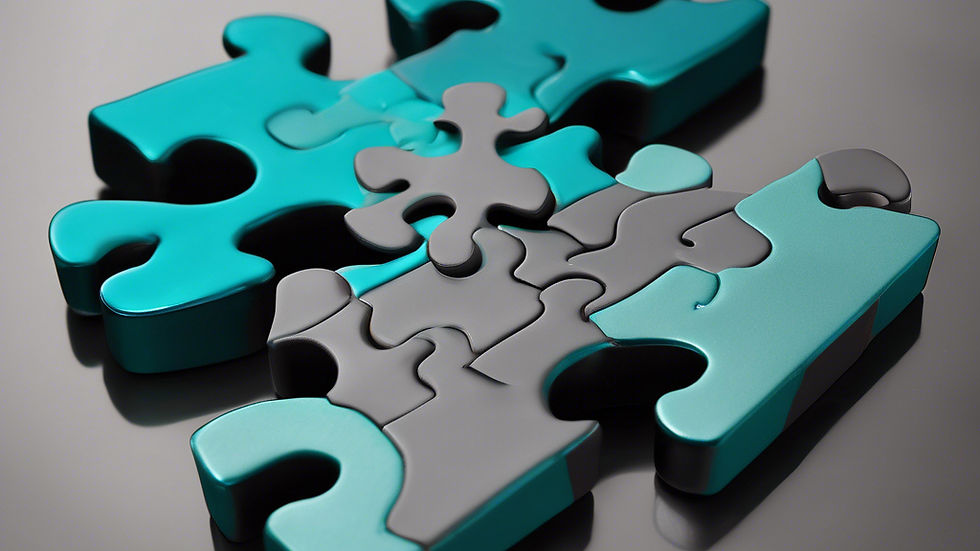 Teal and gray puzzle pieces interlocking on a dark reflective surface. Simple, modern design with a calm, contemplative mood.