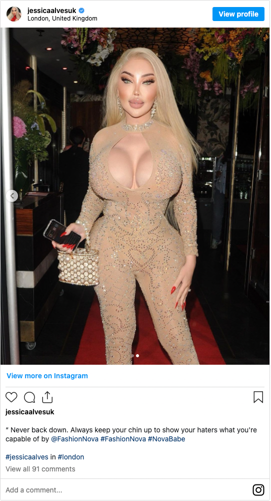 Instagram post of a social media influencer who looks like barbie with very large breasts and a small waist