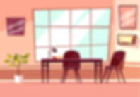 An illustrated office scene, peach walls and floor, with dark maroon picture on the left side of the wall. Large multi-pane window on the right. A plant sits on the left side and a maroon table and chair on the right.