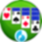 A round icon, green felt background, and four columns of cards with one, two, three, and four cards from left to right. The top cards on the stack are face side up, the cards below are face side down