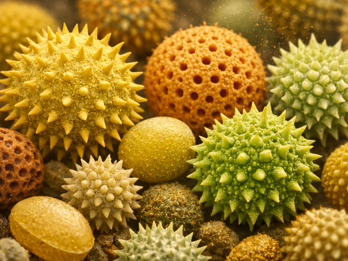 Macro of colorful spiky pollen in yellow, green, and orange, clustered together.