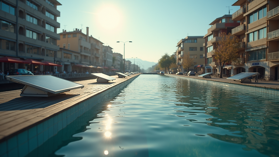 Vue en plongée d’un toit équipé de panneaux solaires en milieu urbain