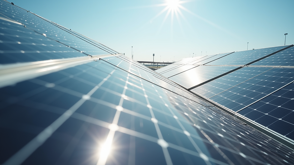 Vue de côté d’un carport photovoltaïque avec panneaux solaires brillants sous un ciel clair