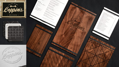 Coppins menu, signage, and coasters