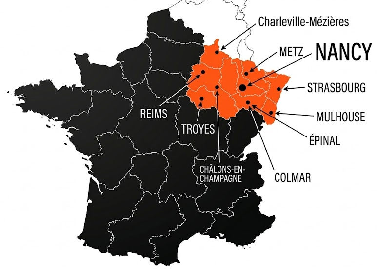 carte de toute les ville d'intervention pour monte meubles dont nancy metz reims strasbourg épinal troyes mulhouse colmar 
