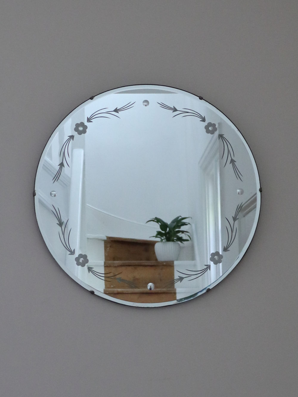 Vintage Frameless Mirror With Flower Detail