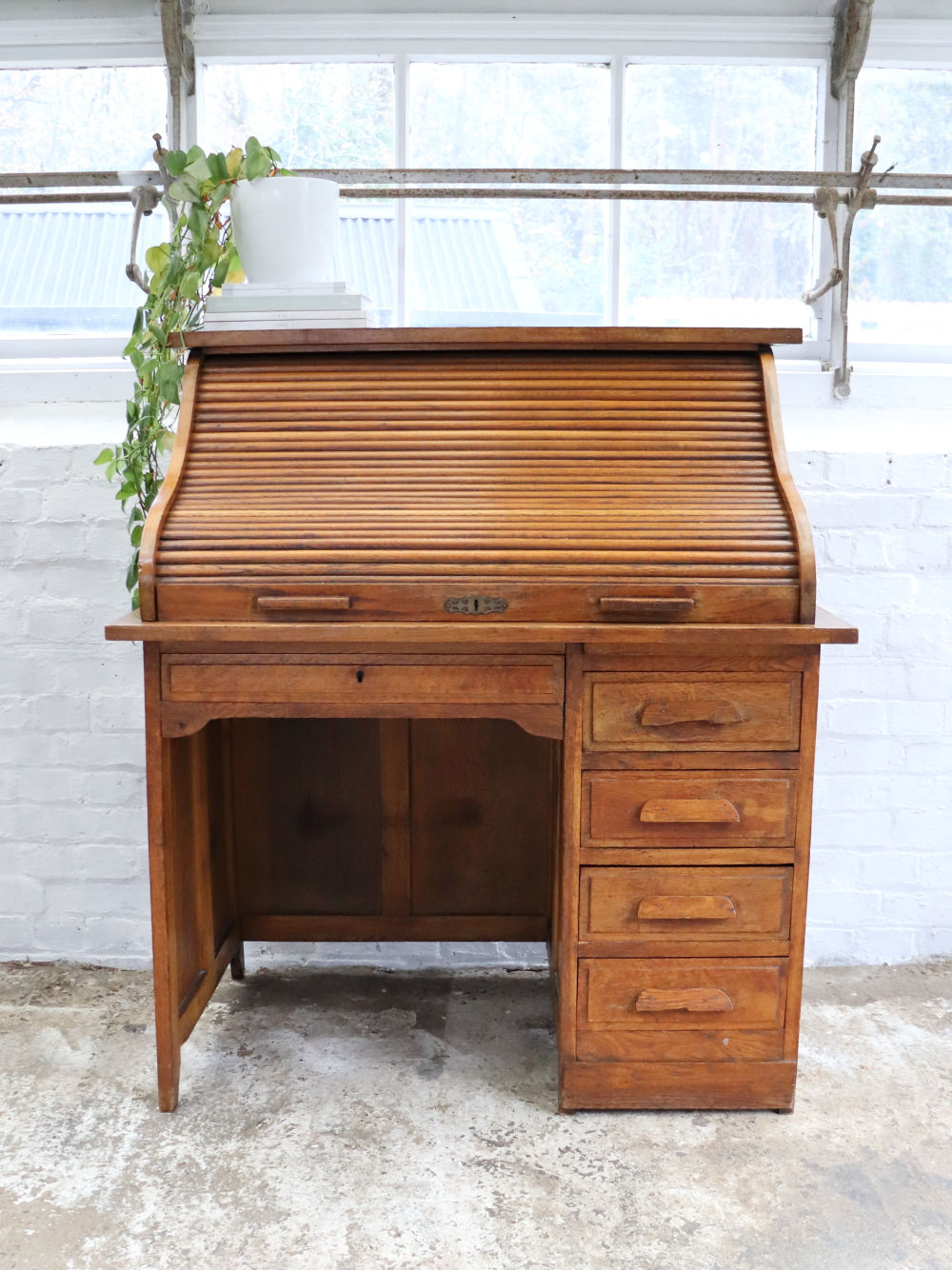 Vintage Oak French Desk With Tambour Roll Top