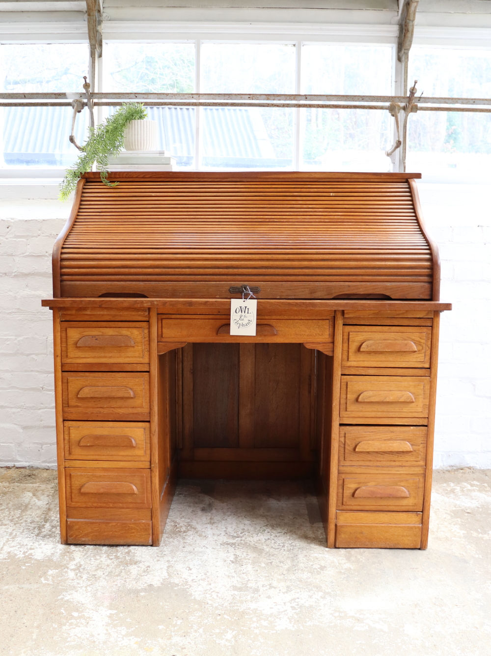 Vintage Oak French Desk With Tambour Roll Top