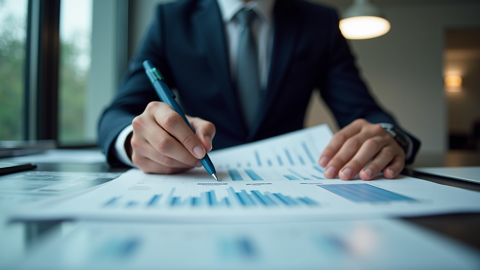 Eye-level view of a financial analyst reviewing earnings reports