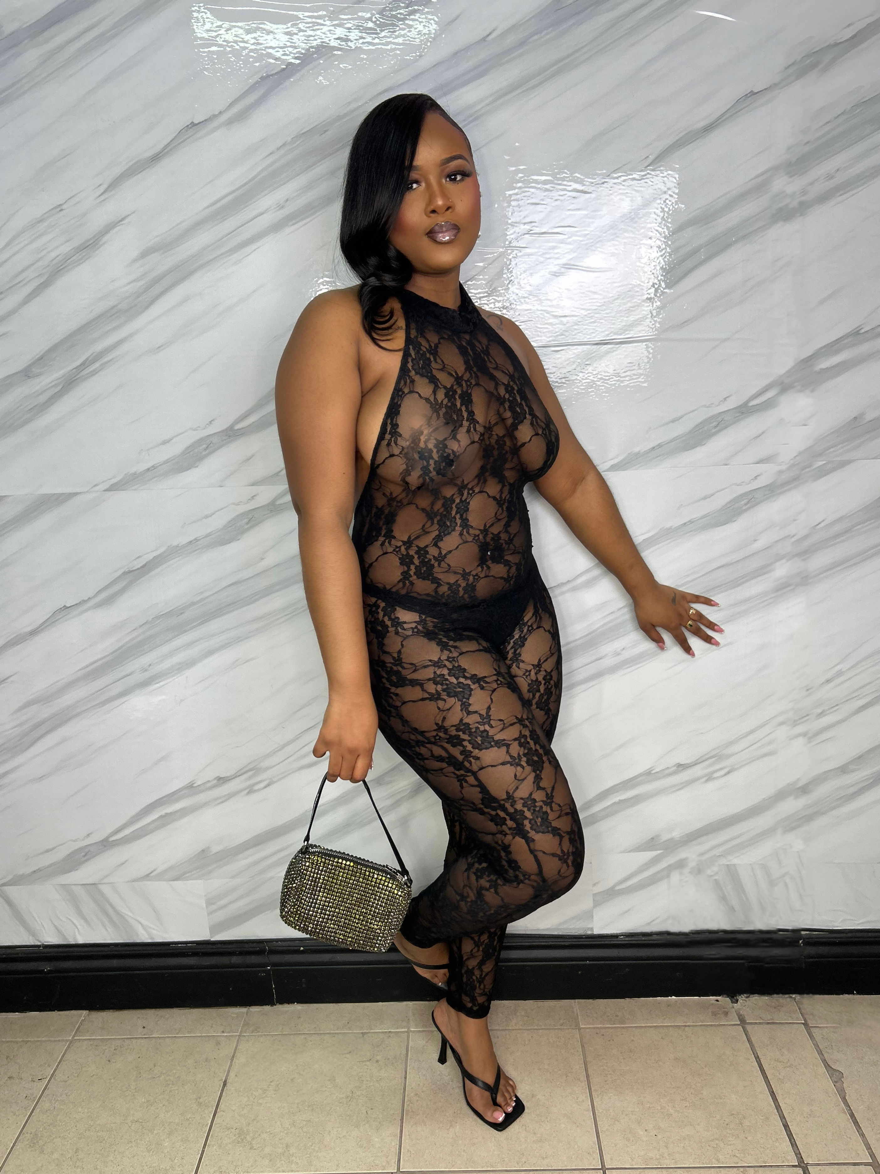Lace halter jumpsuit black