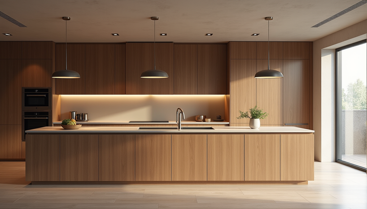 Eye-level view of a modern kitchen island with pendant lighting and wooden cabinetry