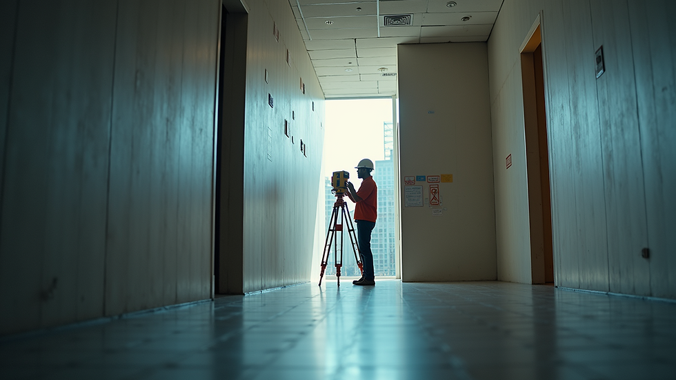 Eye-level view of a surveyor using a laser measuring device inside a building