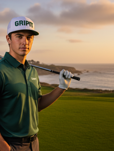Golfer in GRIPT cap and green shirt holding club at sunset