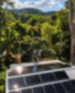 Rooftop solar panels with a lush green forest