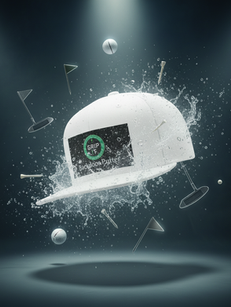 White golf cap splashing water with '76 degrees' logo