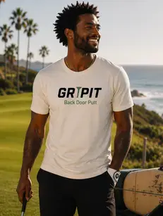 Man in GRIPIT Back Door Pull t-shirt on golf course