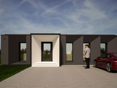 Gotowy projekt nowoczesnego parterowego domu modułowego z ciekawą elewacją