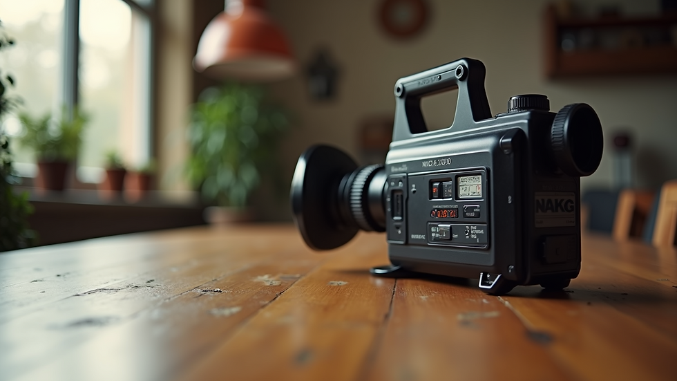 Close-up view of a vintage video camera on a wooden table