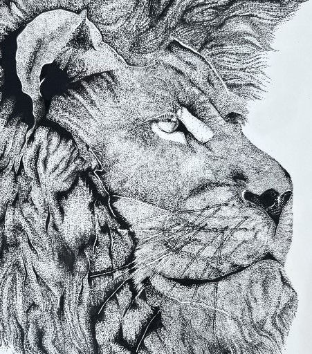 This striking lion portrait is created entirely through the meticulous technique of pointillism, using thousands of fine line