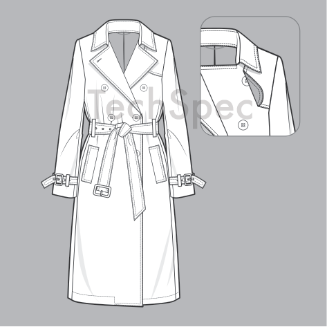 Thumbnail: Women's trench coat CAD template front view double breasted belted classic coat technical drawing
