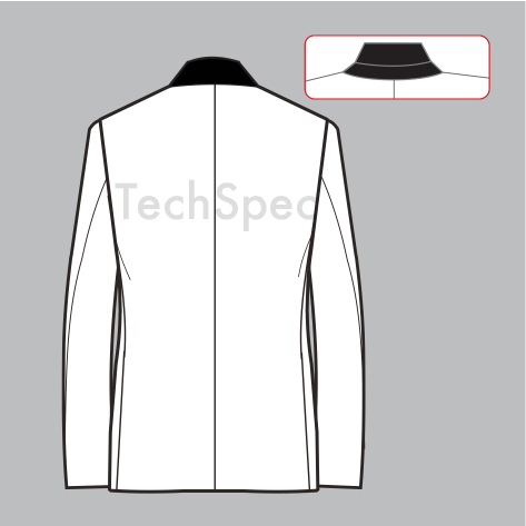 Thumbnail: Mens blazer with satin lapel CAD template back view clean technical drawing with tailoring detail for apparel production