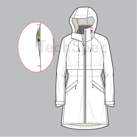 Thumbnail: Women's seam sealed parka CAD template waterproof hooded jacket technical outerwear detail construction drawing