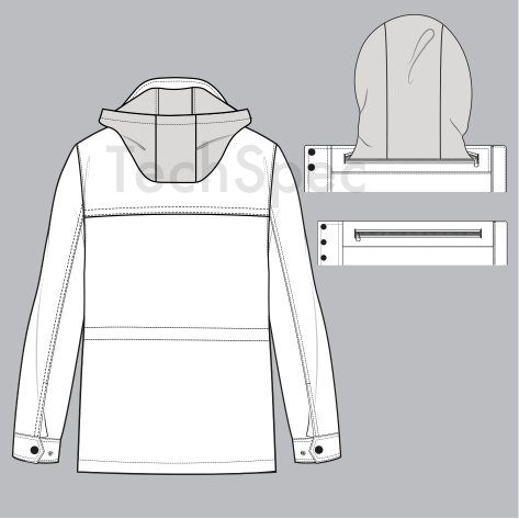 Thumbnail: Mens utility jacket CAD template back view construction functional workwear outerwear technical drawing for apparel