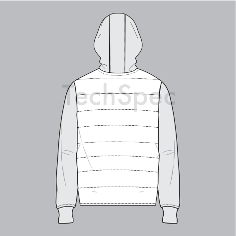 Thumbnail: Mens hooded quilted hybrid jacket CAD template back view panel construction performance outerwear technical drawing