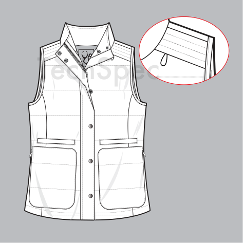 Thumbnail: Women's quilted vest CAD template zip front pocket detail padded gilet sleeveless outerwear technical drawing for apparel