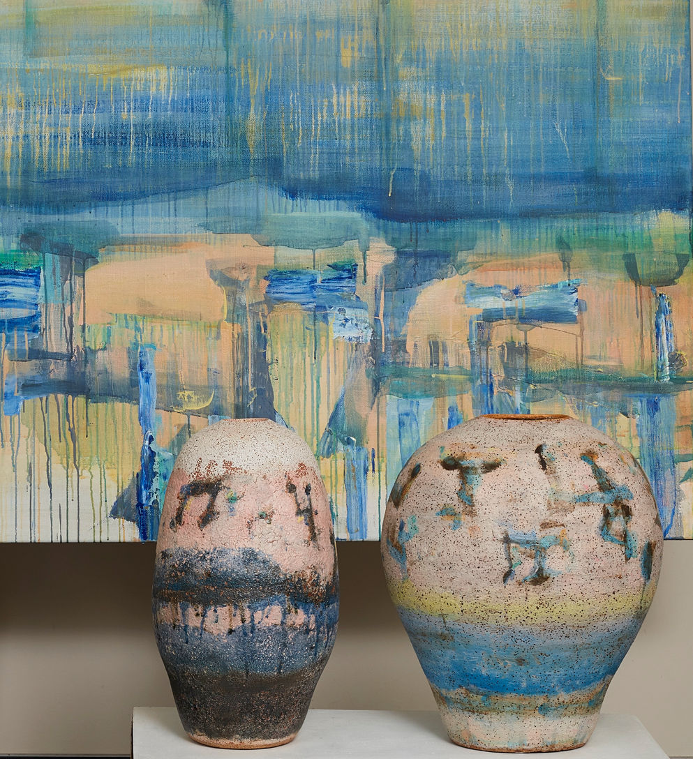 Kate Dorrough, 'The vessel and the river’, detail, painting, acrylic on linen, 168 x 214 cm; ‘Tidal Marks, River Landscape’, stoneware ceramic with glaze, 2023