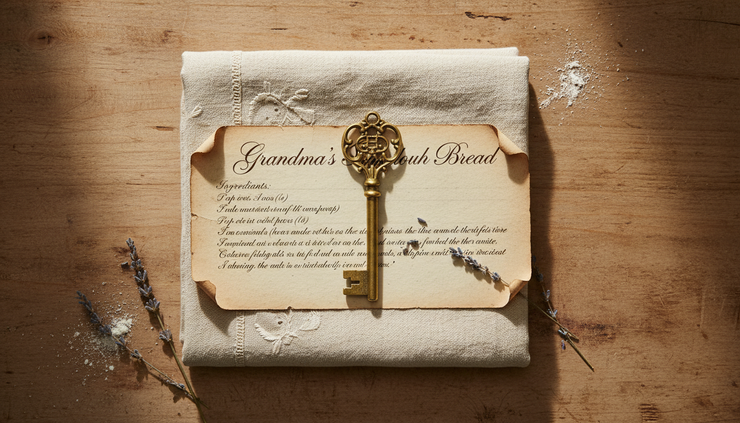 Overhead view of a bakery key resting on a folded apron and handwritten recipe card.