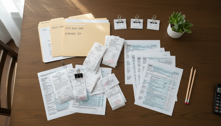 Overhead view of labeled folders, receipts, and a small plant on a dining table.
