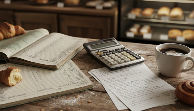 Close-up view of a paper ledger beside a calculator and handwritten inventory notes.