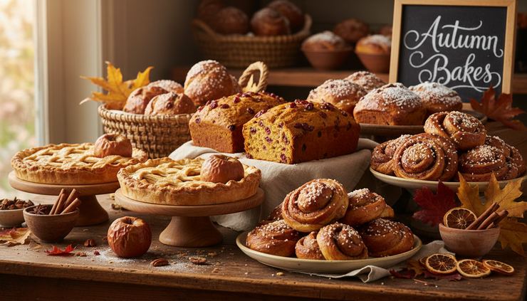 Eye-level view of a bakery display filled with fresh pies and autumn pastries.