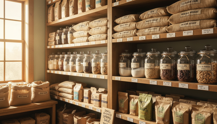 Eye-level view of labeled bakery shelves with flour sacks, jars, and packaged supplies.