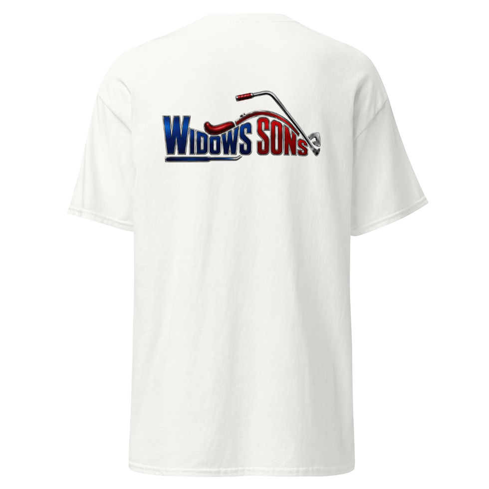Back of white t-shirt featuring Widows Sons graphic.