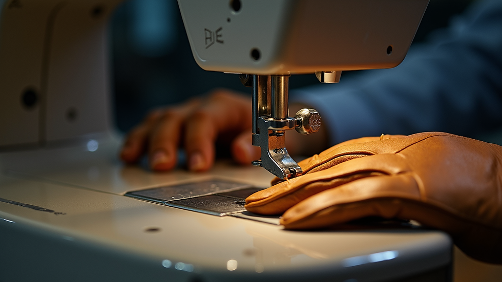 close-up view of sewing machine stitching leather gloves