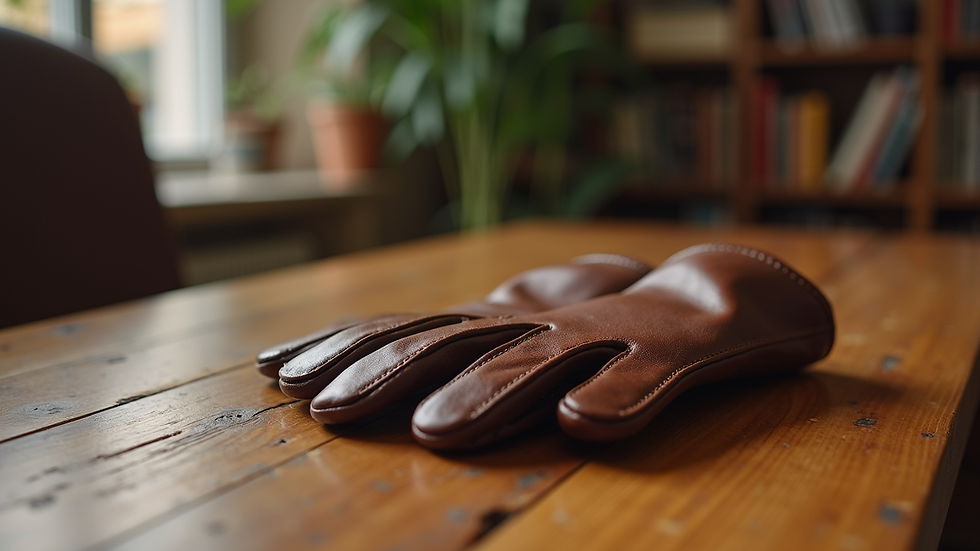 eye-level view of a single pair of brown leather gloves on a wooden table