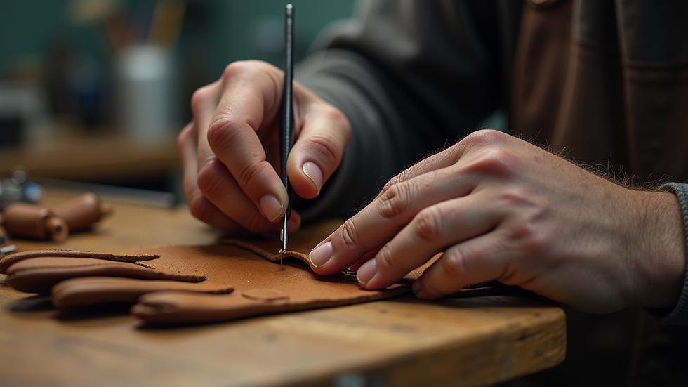 close-up view of a craftsman sewing leather gloves in a workshop