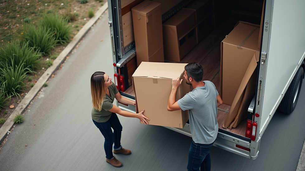 High angle view of movers loading furniture into a moving truck