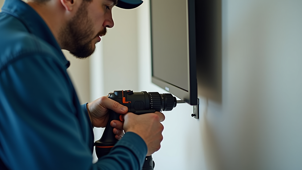 Close-up view of a technician drilling into a wall for TV mounting
